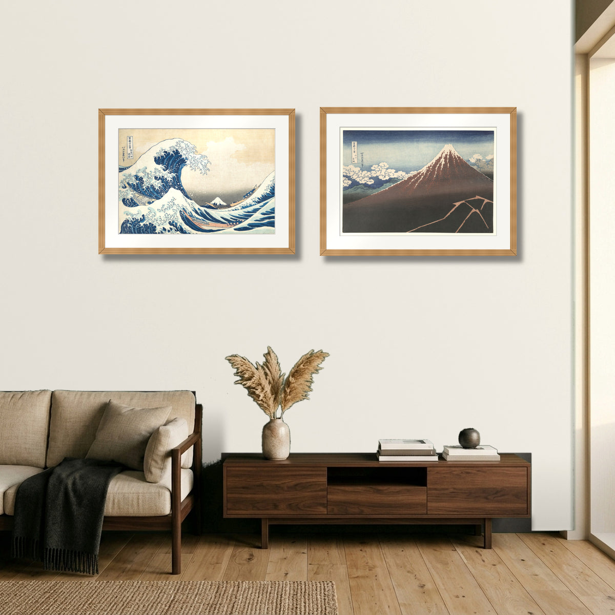 Two Faces of Fuji Diptych – The Great Wave and Shower Below the Summit by Katsushika Hokusai, two framed prints in a Japandi living room