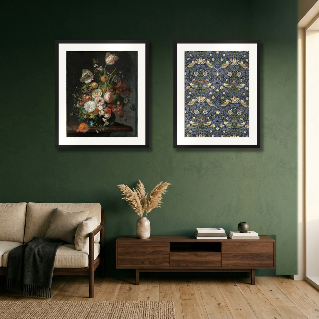 Moody Botanicals Diptych – Still Life with Flowers by Rachel Ruysch and Strawberry Thief by William Morris, two black-framed prints on a green wall