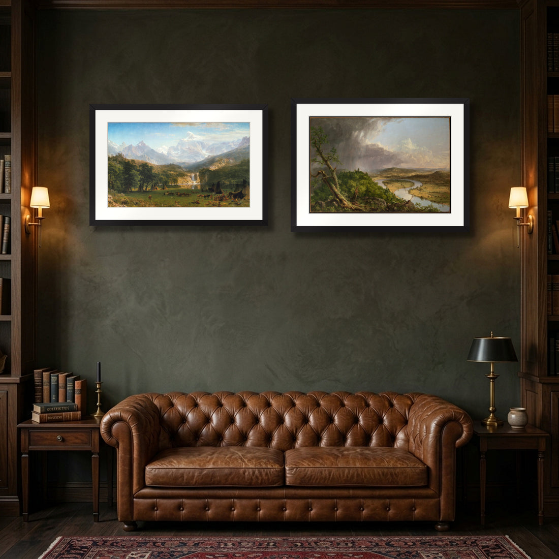 American Sublime Diptych – The Rocky Mountains, Lander's Peak by Albert Bierstadt and The Oxbow by Thomas Cole, two framed prints in a library