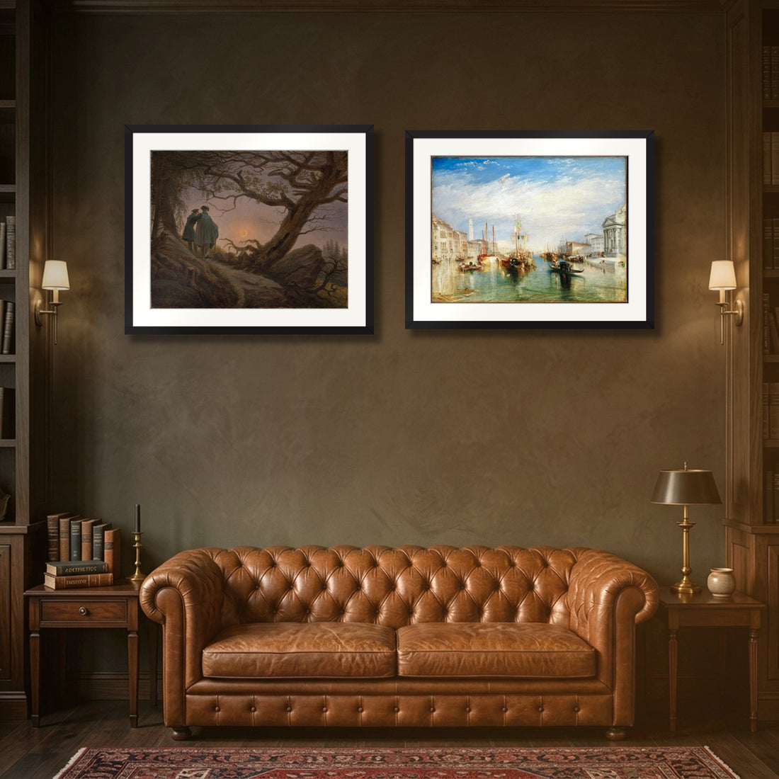 Moonlight Romantics Diptych – Two Men Contemplating the Moon by Caspar David Friedrich and Venice by J.M.W. Turner, two framed prints in a reading room