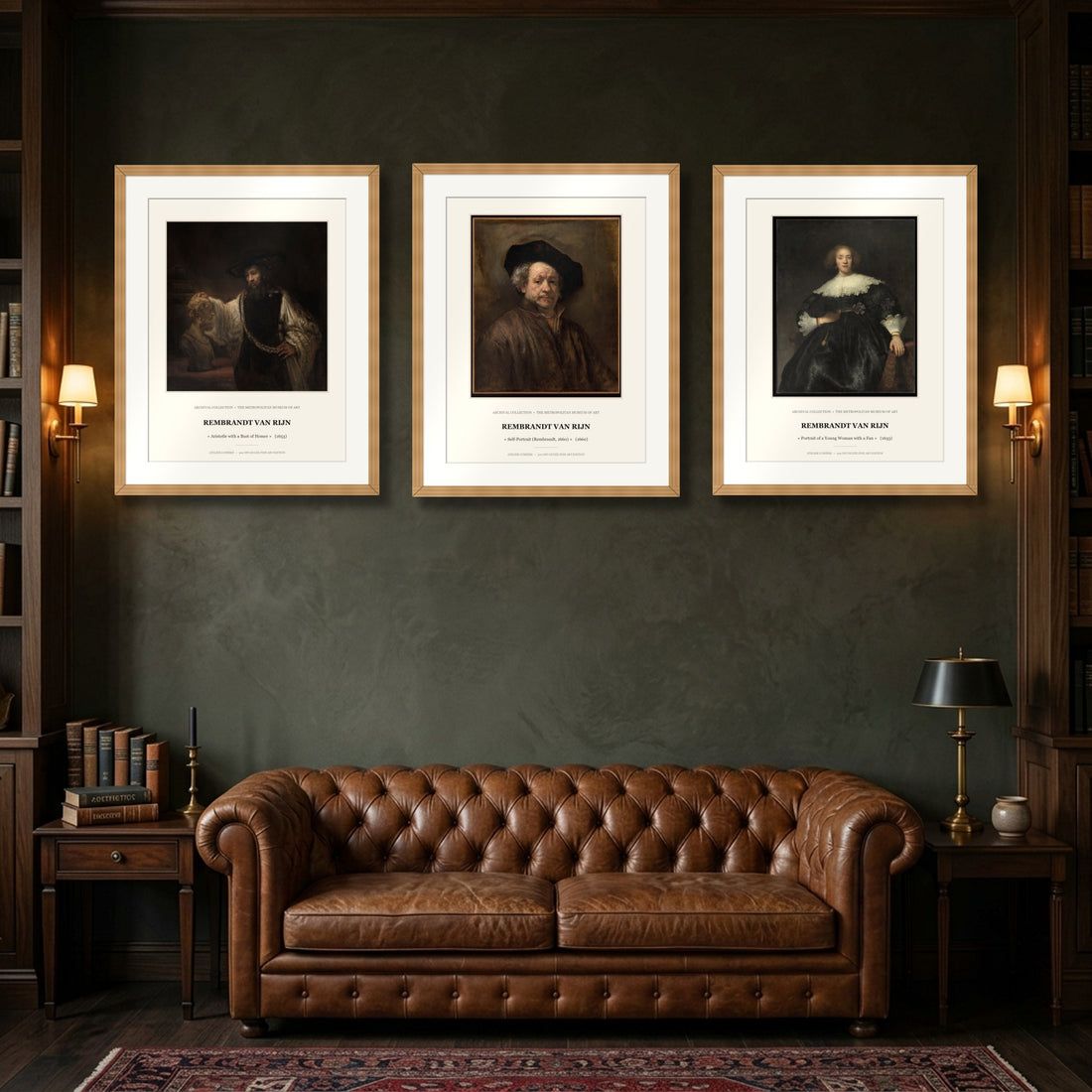 Dark Academia Masterpiece Triptych (Set of 3 Framed Prints): Aristotle, Self-Portrait & Lady with a Fan – Rembrandt